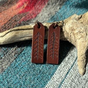 Handmade Brown Leather Earrings with Tree Engraving